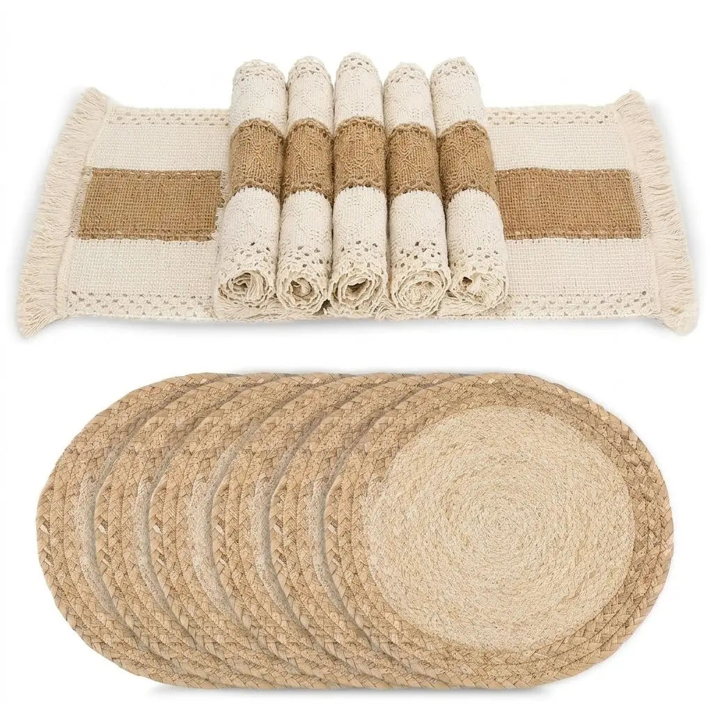 6Pcs Woven Boho Cloth Placemats, Handmade Mixed Cotton-Burlap & Water Straw Mats, Farmhouse Macrame Style Decor for Indoor Dining Table & Kitchen, Tableware
