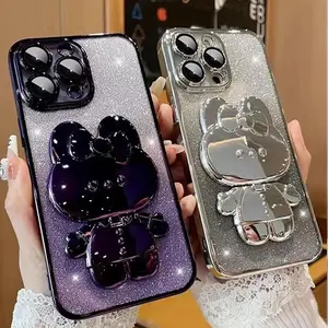 Cartoon Bear Design Phone Case with Mirror Stand, Glitter Phone Protective Cover, Phone Accessories Compatible with iPhone 16 15 Pro Max 14 Puls 13 12, Casing