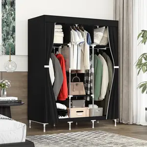 Portable Storage Organizer Wardrobe Closet for Bedroom Metal Hanging Rack Non-Woven Fabric Black Furniture Modern Foldable Organization