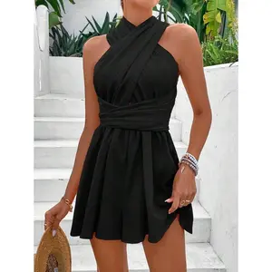 Women's Orange Halter Backless Romper - Cross-Front Pleated, Criss-Cross Knot, High Waist Loose Fit (95% Polyester 5% Elastane)