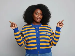 Sigma Gamma Rho Striped Cropped Cardigan with SGRho Embroidery Logo Casual Minimalist Knitwear for Women Blue and Gold Striped Design