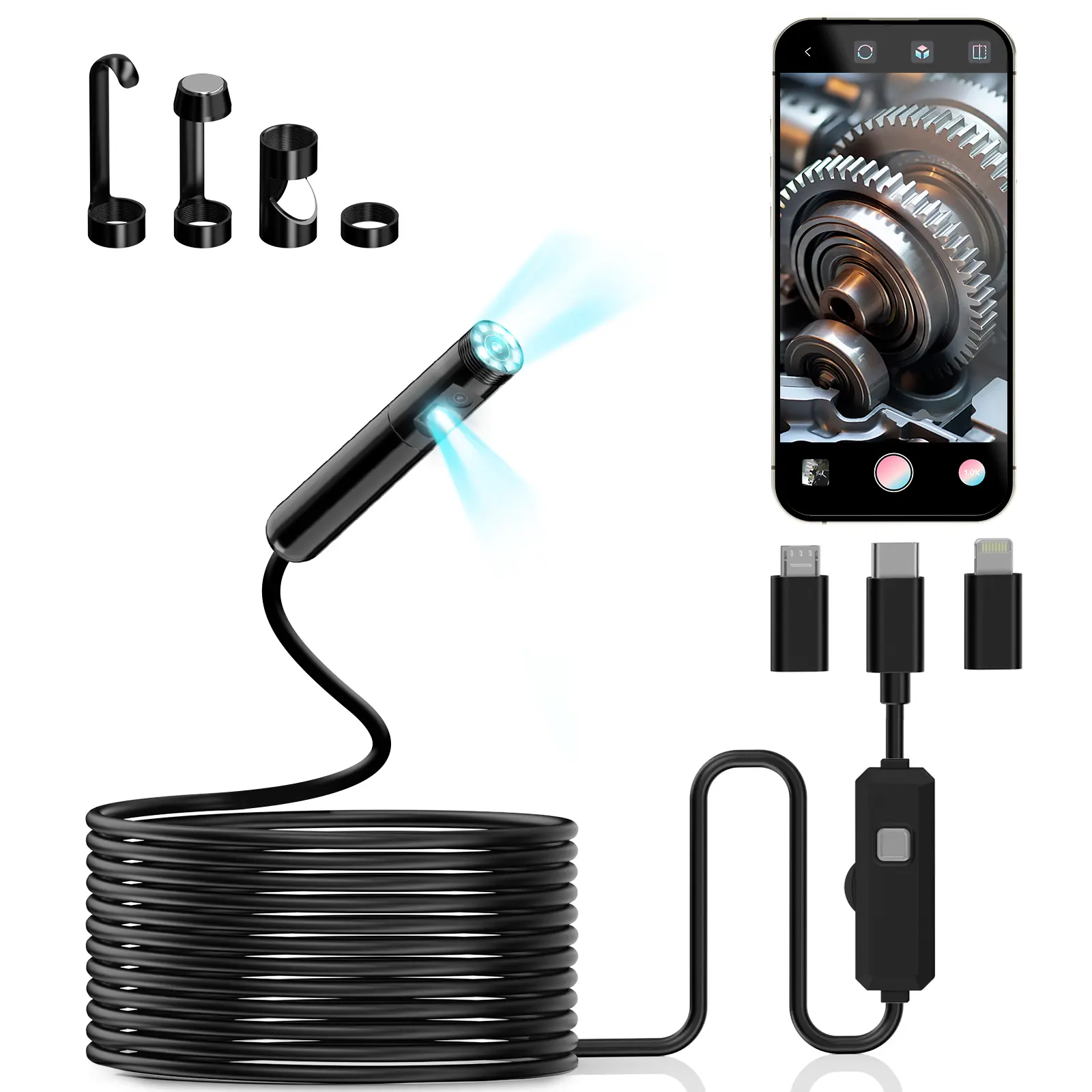 Dual Camera Inspection Camera with HD Display, Flexible Borescope for Car Engine, Plumbing & Home Inspection