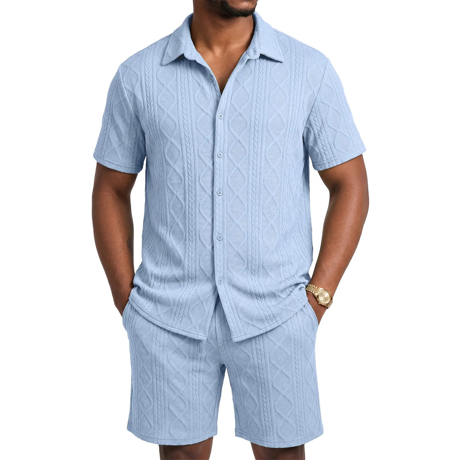 JMIERR Men's Summer 2 Piece Beach Sets Texture Short Sleeve Button Down Knit Shirts and Shorts Vacation Outfits of Men
