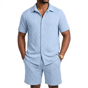 JMIERR Men's Summer 2 Piece Beach Sets Texture Short Sleeve Button Down Knit Shirts and Shorts Vacation Outfits of Men
