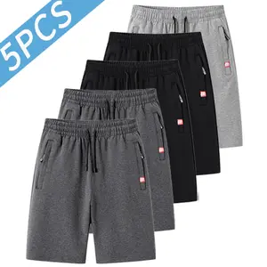 Men’s athletic jogger shorts 5-pack: drawstring elastic waistband, zippered pockets to prevent items from falling out, breathable loose straight-leg design for casual wear; suitable for home workouts, outdoor hiking, and versatile for various occasions.