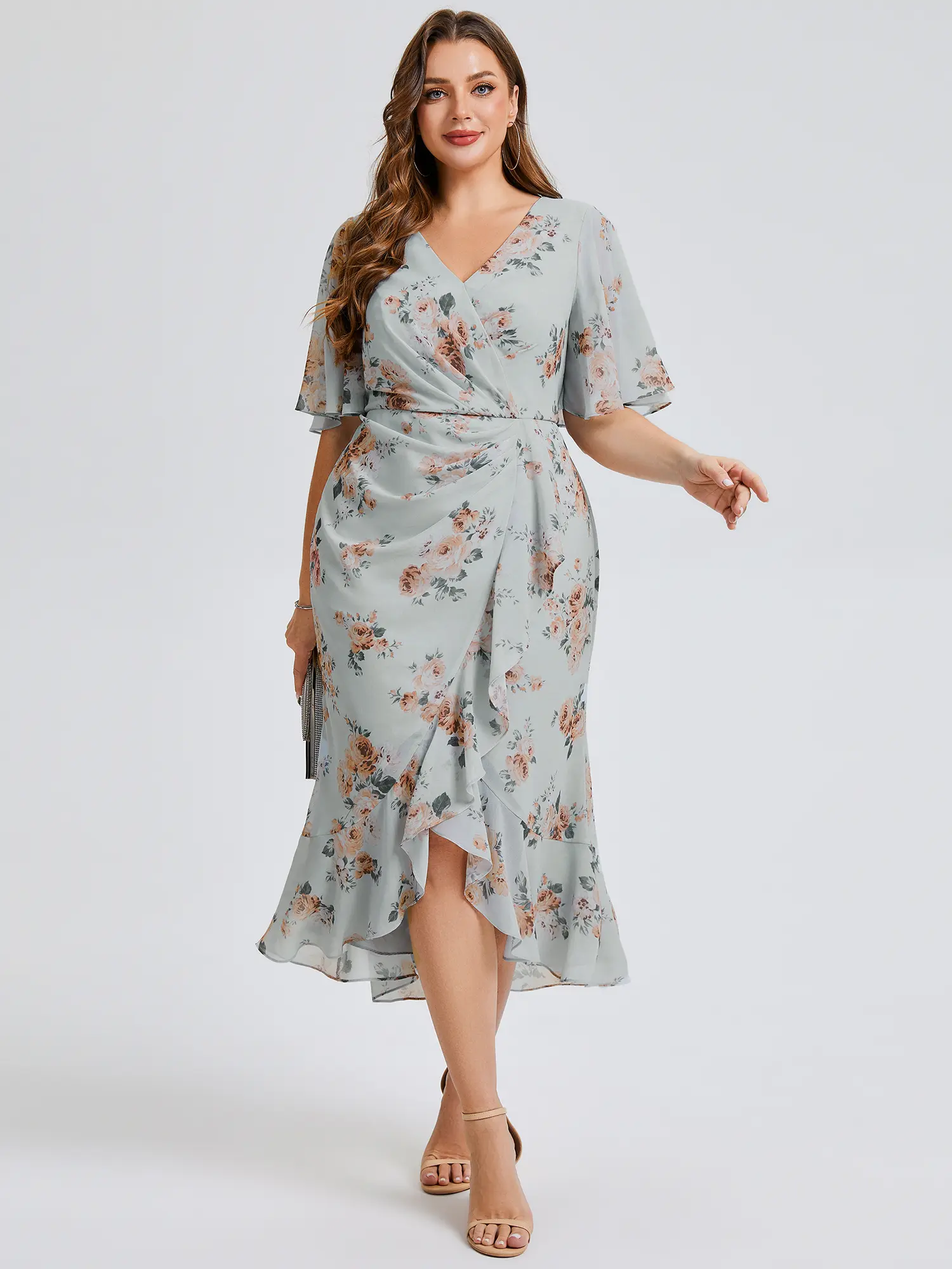 EVER PRETTY Plus Size Floral Print Chiffon Mermaid Dress, High-Low Wrap Style with Ruffle Sleeves for Wedding Guest & Gala, Skirt, Fabric, Garment