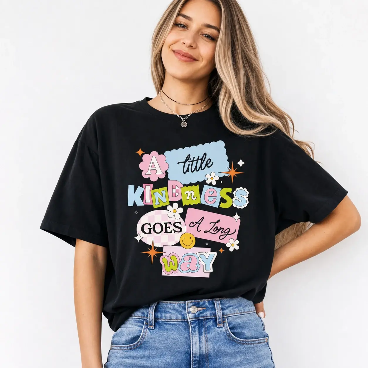 Kindness Teacher Shirt, A Little Kindness Goes a Long Way Tee, Elementary Teacher T-Shirt, Pastel Retro Floral Classroom Positivity Shirt, Back to School Teacher Gift - DPCLICK