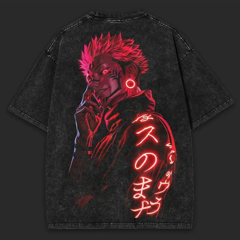 Men's Heavy Cotton Crewneck T-Shirt, Oversized Washed Jujutsu Kaisen Graphic in Neon Red, Unisex Double-Sided Print, Thick, Short