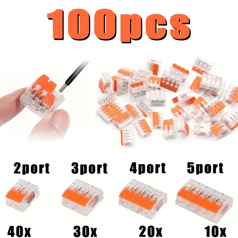 100pcs Mini Quick Lever Wire Cable Connector Kits, Quick Snap Connector, Universal Compact Push-In Terminal Blocks for 2/3/4/5 Pin Splicing Connectors, Straight Push Connectors, Lever Wiring Connector