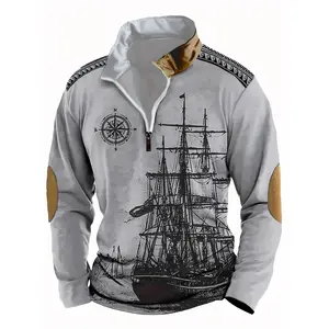 Autumn and winter vintage style sailboat print men's casual and comfortable long sleeved polo shirt Streetwear Collared Menswear