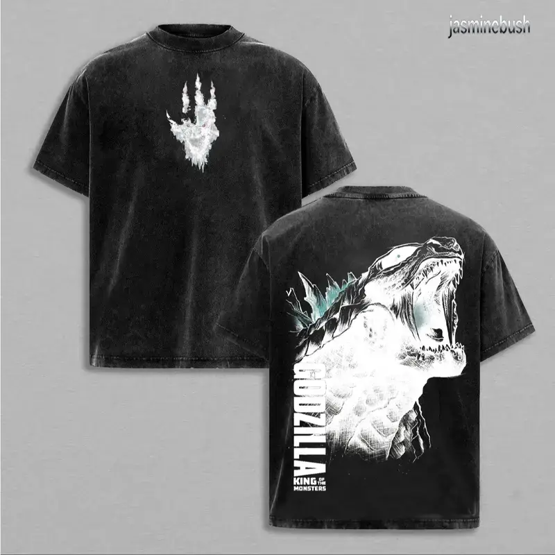Men's Godzilla Graphic Short Sleeve T-Shirt, Vintage Washed Oversized Streetwear Top in Heavyweight 230gsm 100% Cotton, Tshirt, Shortsleeve, Casual
