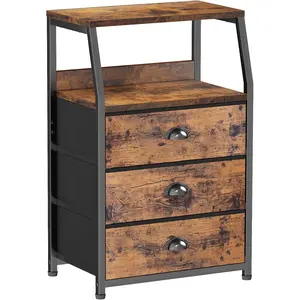 Furnulem Nightstand with 3 Drawers and 2-Tier Shelf, Fabric Small Dresser Organizer Vertical Storage Tower for Bedroom, Closet, Hallway, Nursery, End Table Side Furniture, Sturdy Steel Frame, Wood Top