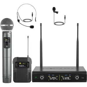 Microphone System,Metal  Mic Set w/Handheld/Bodypack/Headset/Lapel Mics,2 x 30 UHF Frequencies, 200 ft Range, Cordless Mic for Singing, Karaoke, Church (PTU-52-1H1B)