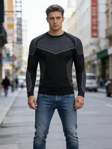 Men's Street Style Honeycomb Print Tight-Fitting Long Sleeve Top, Casual Fashion Bottom Layer Shirt, Trendy Men's Clothing