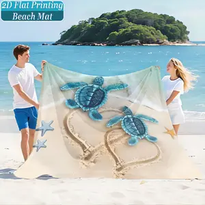 Blue Turtle Heart Sand Texture Starfish Print Beach Mat & Picnic Blanket, Washable, Durable Polyester, Lightweight, Windproof, Camping Outdoor Party
