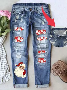 Women's Christmas Print Denim Jeans High Waisted Jeans Casual Fitted Style Elastic Waistband Comfortable Breathable Fabric Perfect Fit Long Pants