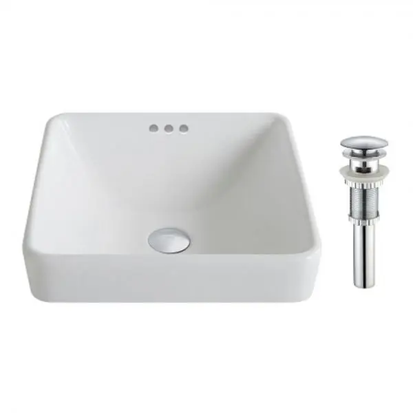 Kraus KCR-281-CH Elavo White Ceramic Square Semi-Recessed Bathroom Sink - Chrome