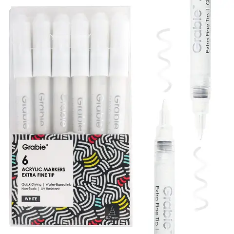 Grabie White 0.7mm Extra Fine Point Acrylic Markers Set of 6 - Art Marker Pen with Safe Premium Formula, Quick-Drying, Long-Lasting Highlights, Smooth Opaque, UV-Resistant, Water-Resilient for Office Stationery Writing & Correction, Painting, Indoor Use,