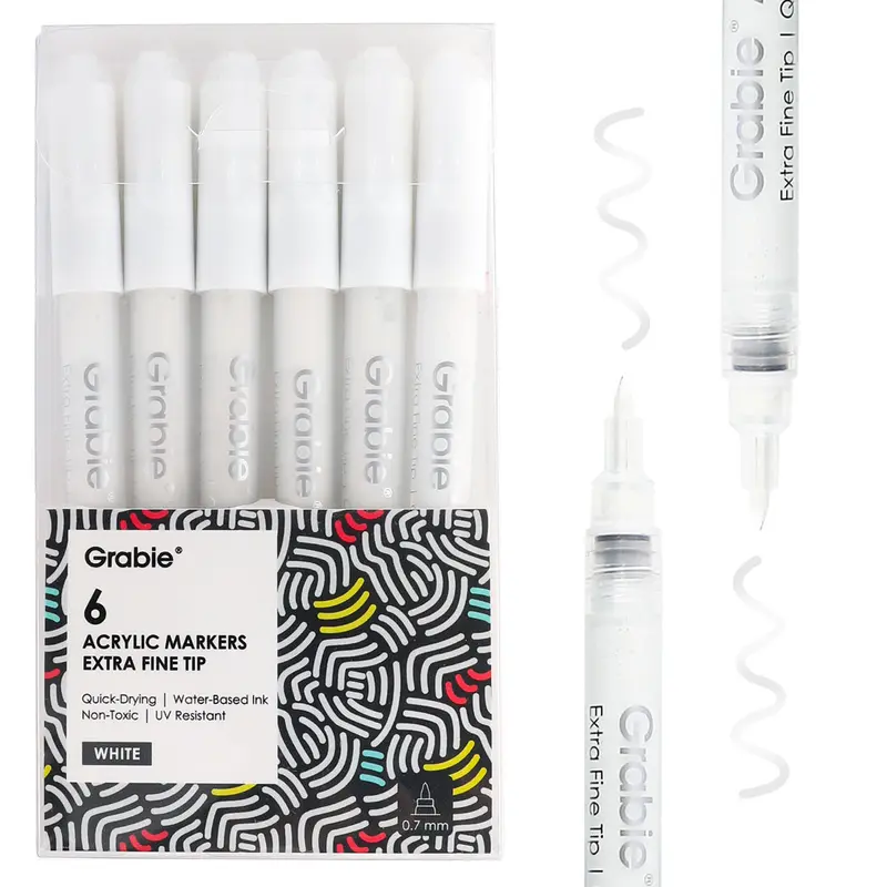 Grabie White 0.7mm Extra Fine Point Acrylic Markers Set of 6 - Art Marker Pen with Safe Premium Formula, Quick-Drying, Long-Lasting Highlights, Smooth Opaque, UV-Resistant, Water-Resilient for Office Stationery Writing & Correction, Painting, Indoor Use,