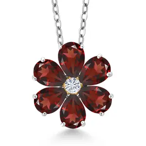 Gem Stone King Pear Shape Flower Pendant Necklace for Women | Gemstone Birthstone Petals and White Moissanite Center | 925 Silver and 10K Yellow Gold | Pear 6X4MM & Round 2.5MM | With 18 Inch Chain