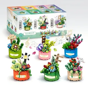 Succulent Plant Music Box Building Blocks Set - Rotating Botanical Potted Bonsai Toy, Aesthetic Desk Decor Gift for Girls & Women minilego