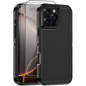 for iPhone 16 Pro Max Case, with 2X Screen Protector Heavy Duty Drop Protection, Full Body Rugged Shockproof Dust Proof Tough Protective Phone Cover for Apple iPhone 16 Pro Max (Black) Cellphone Rubber Wireless Smartphone Casing Shell