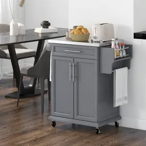 Kitchen Island on Wheels, Rolling Kitchen Cart with Stainless Steel Countertop, Drawer, Towel Rack and Spice Rack, Utility Storage Trolley, Gray