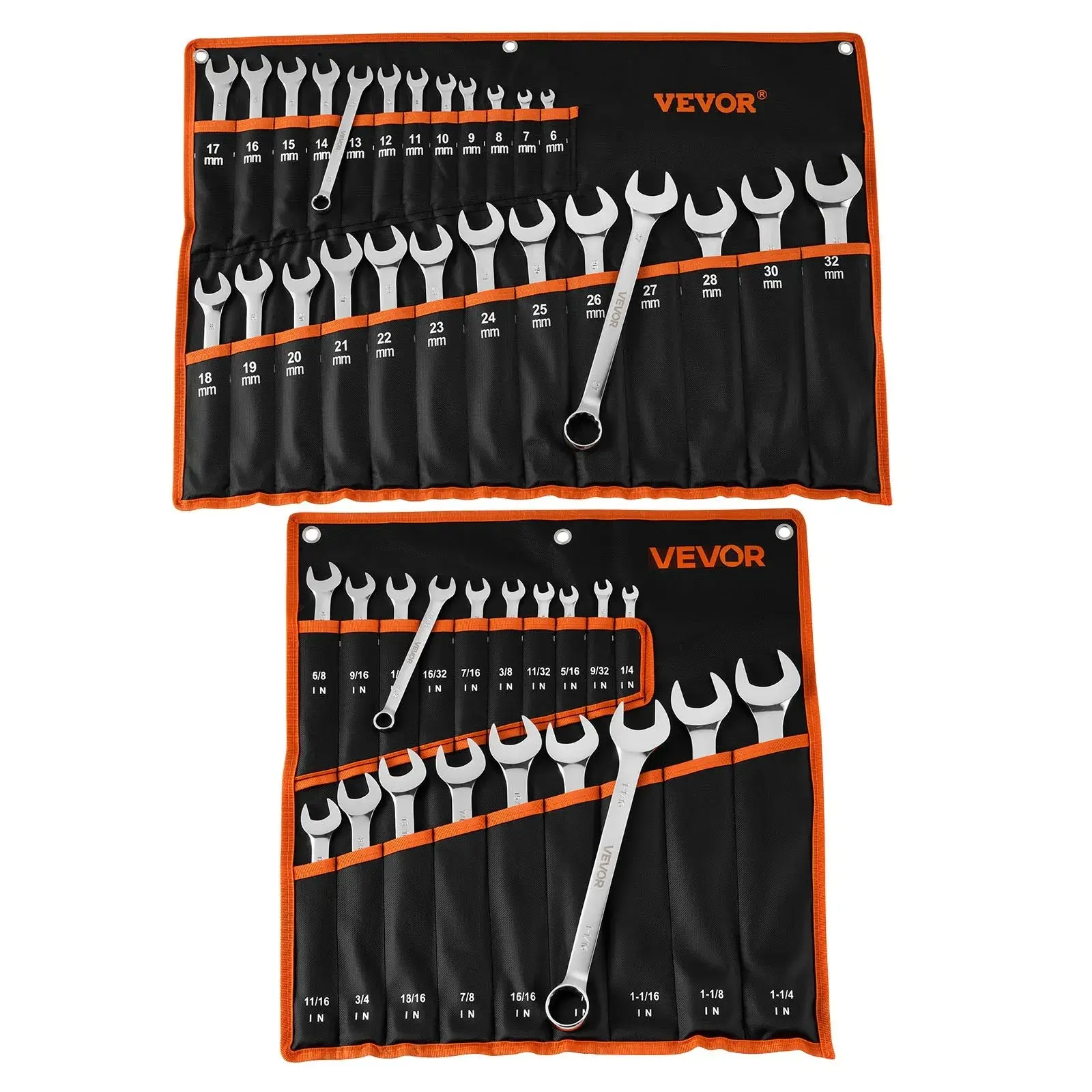 【DealsForYouDays】[DealsForYouDays]VEVOR Fixed-Head Combination Wrench Set, 44/42/32/30/26/25/24/16 - Piece SAE and Metric, 12-Point Box End and 15° Angled Open End Combination Wrenches with Roll Up Pouch, Carbon Steel, for General Household and Automotive