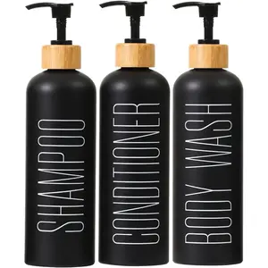 16oz 3-Pack Refillable Black Bathroom Shower Set - Empty Bottles with Pump for Shampoo, Conditioner, or  Wash