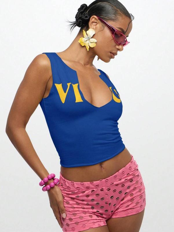 WOMEN Notch Neck Form Fitting Tank Top With Gold Lettering Crop Length Summer Festival Club Party Evening Casual Fashion Design Front Cut Out Sleeveless