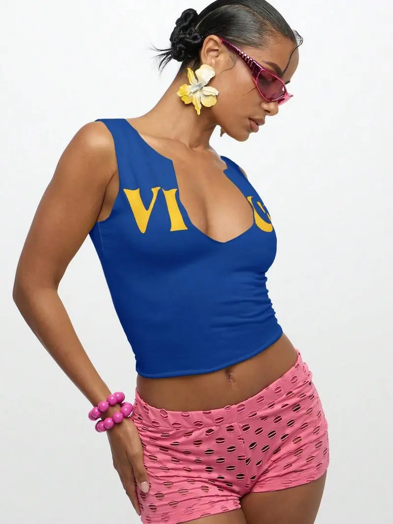 WOMEN Notch Neck Form Fitting Tank Top With Gold Lettering Crop Length Summer Festival Club Party Evening Casual Fashion Design Front Cut Out Sleeveless