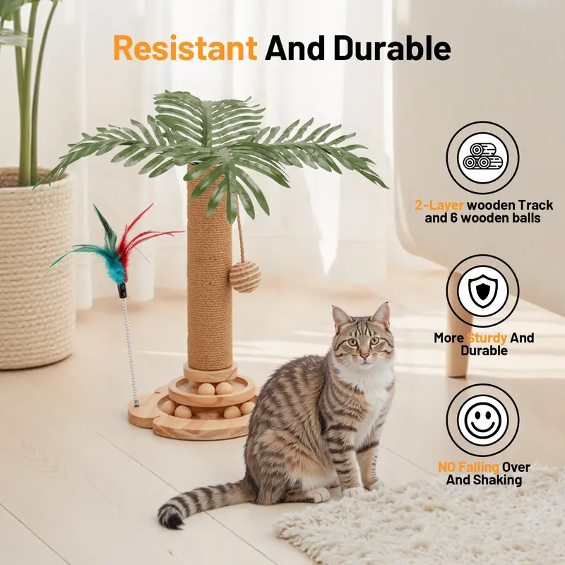 Cute Design Cat Tree Tower for Indoor Cats with Interactive Dangling Balls, Jungle Paradise Design, Scratching Post & Tropical Decor