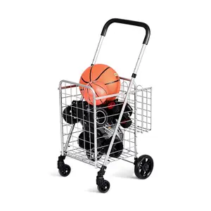 COSTWAY - $45 Only! Folding Shopping Utility Cart with Double Basket and Swivel Wheels