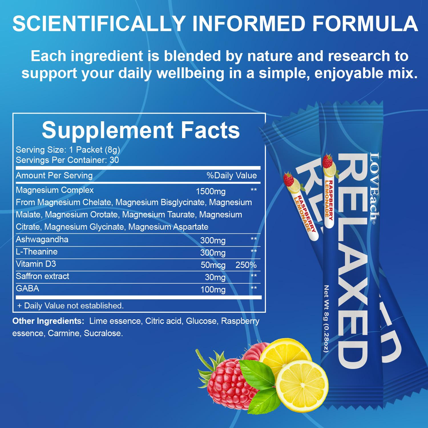 MagicRelaxed Calming Sparking Mix with 8-in-1 Magnesium complex KSM-66 Ashwagandha Saffron Vitamin D3 GABA & L-Theanine Supports Cortisol Balance Mood Sleep 30 Servings No Sugar Non GMO Raspberry Lemonade Flavor Free gift mixing spoon, Dietary, Natural, E