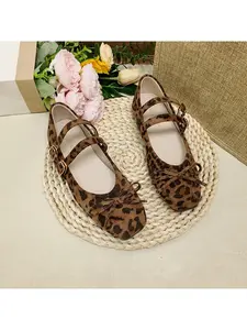 Y2K Leopard Print Mary Jane Shoes, Square Toe Bow Suede Flats, Double Strap Buckle Casual Shoes for Women