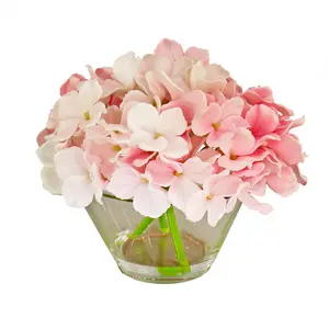 8 in. Spring Pink Hydrangea Bouquet in Glass Vase