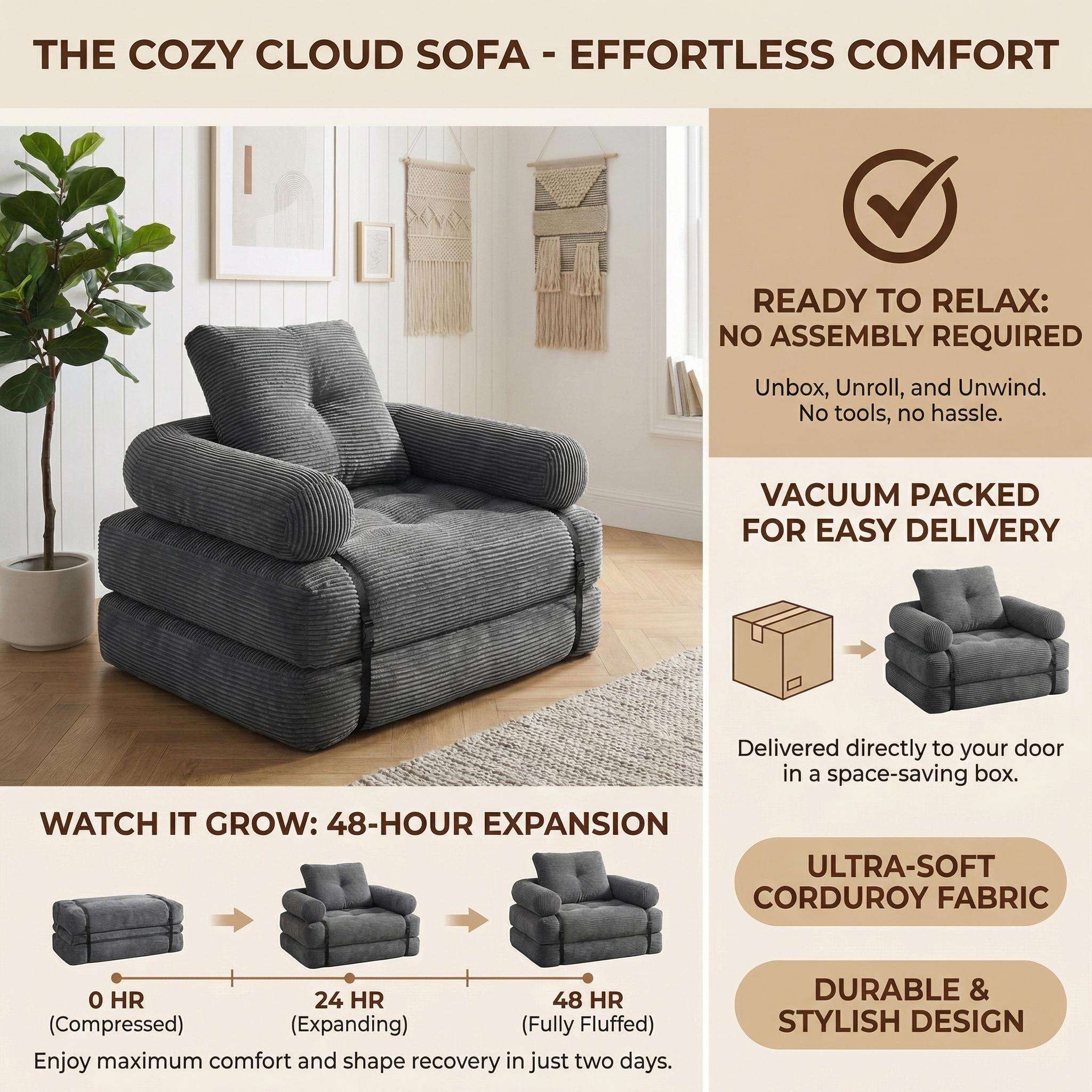 Del Mar loveseat Convertible Single Seater Sofa Bed Boneless Floor Couch Sleeper with Armrests, Soft Corduroy Foldable Lazy Sofa Chair for Living Room/Bedroom