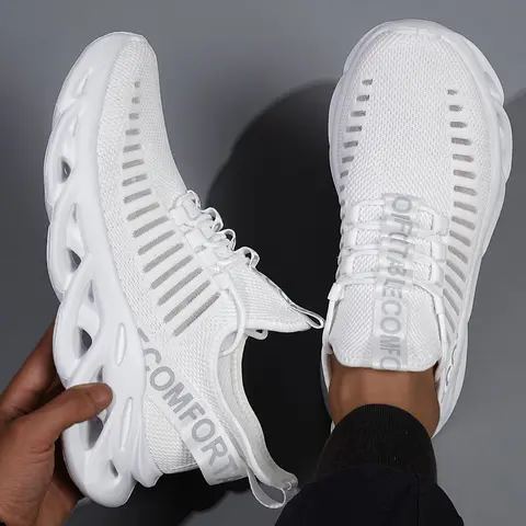 Men's Low Top Lace-Up Flyknit Lightweight Running Trainers - Seamless, Breathable, Shock-Resistant, Antimicrobial Fabric Shoes with EVA Cushioned Sole for Fitness, All Seasons