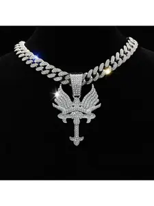 Full-diamond winged pendant, fashionable and creative alloy Cuban chain, personalized trendy necklace accessory