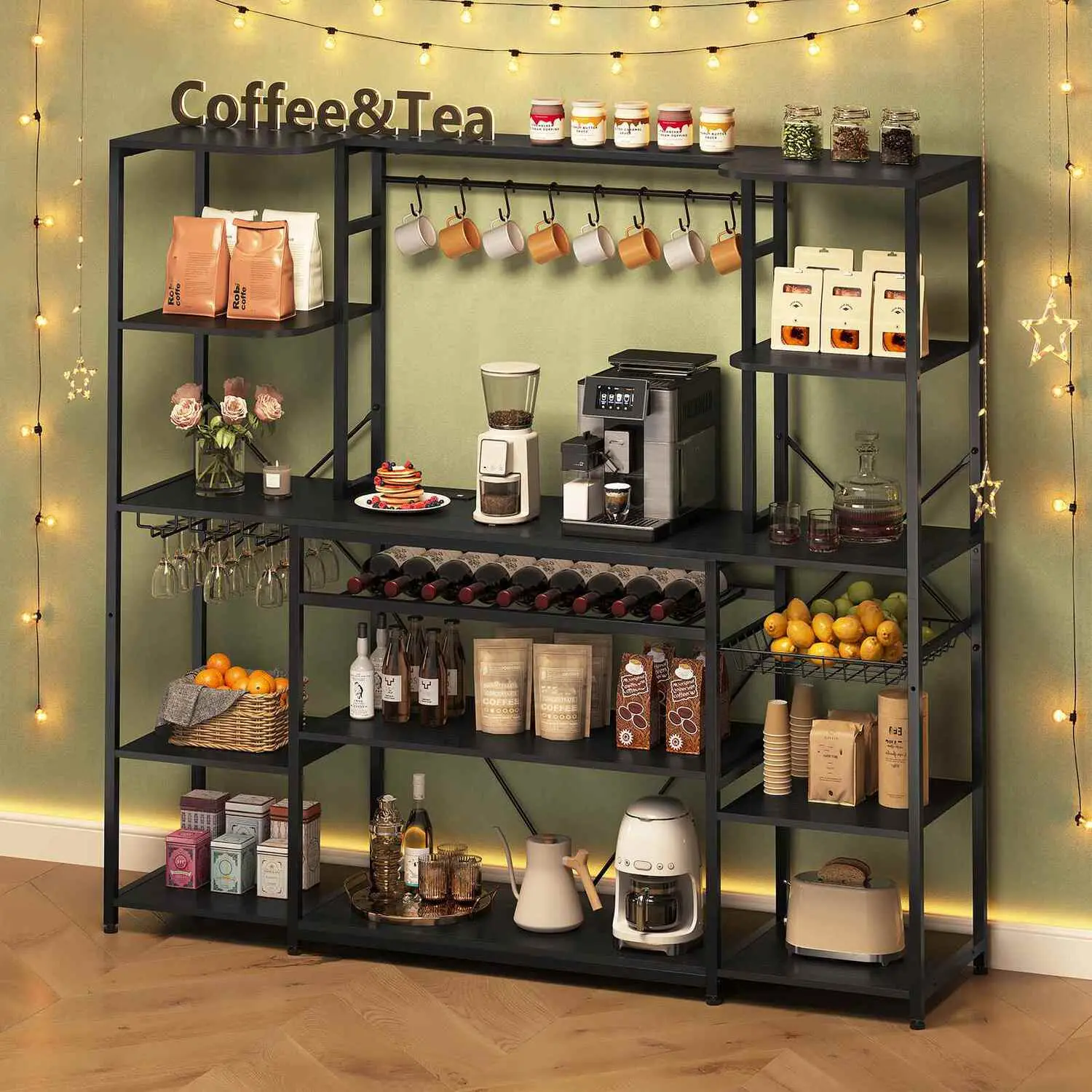 SIKAIC 62.4 Inch Coffee Bar Cabinet with Power Outlet, Black Coffee Bar Station with Wine Rack, Pull-Out Shelf and Storage