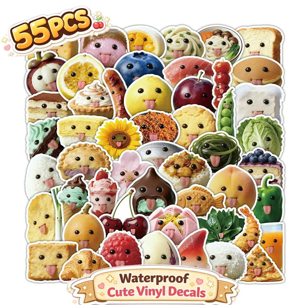1Pc 55Pcs Cute Food Stickers Pack Funny Kawaii Emoji Snack Fruit Vinyl Decals Waterproof Aesthetic Cartoon Stickers for Water Bottle Laptop Cellphone Phone Case Scrapbook Journal DIY Decor Summer Party Favor Gift Aesthetic Foodie Stickers Set
