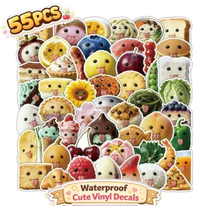 1Pc 55Pcs Cute Food Stickers Pack Funny Kawaii Emoji Snack Fruit Vinyl Decals Waterproof Aesthetic Cartoon Stickers for Water Bottle Laptop Phone Case Scrapbook Journal DIY Decor Summer Party Favor Gift Aesthetic Foodie Stickers Set
