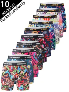 Men's Fashion Graffiti Letter Pattern Long Briefs, Comfortable High Elasticity Long Boxer Shorts, Underwear Boxers, Sporty Underwear Set of 10 Pieces