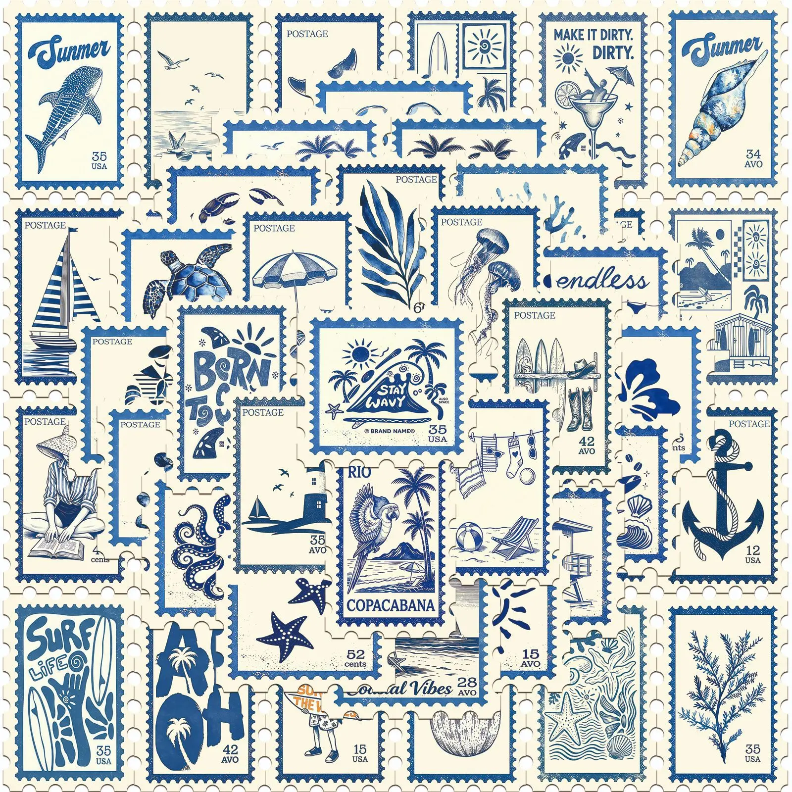 50 Pieces Ocean-themed Aesthetic Stickers, Scrapbooking Ephemera, Suitable for Decorating Scrapbooks, Diaries, Laptops, Water Bottles, Cars and More, Ideal As Creative Birthday Gifts