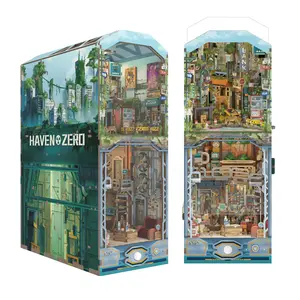 Tonecheer DIY Book Nook Kit for Adults, Wooden 3D Puzzle Bookend Diorama Bookshelf Insert Decor Fancy Books, Booknook Miniature House Kit with Dust Cover and Sensor LED (Haven Zero) Building Blocks Crafts