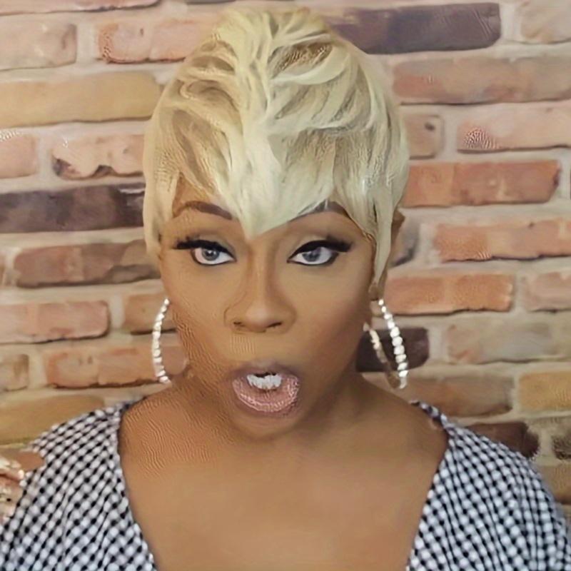 Synthetic Wig Pixie Cut Wig Honey Blonde Short Wavy Wig With Bangs For Women