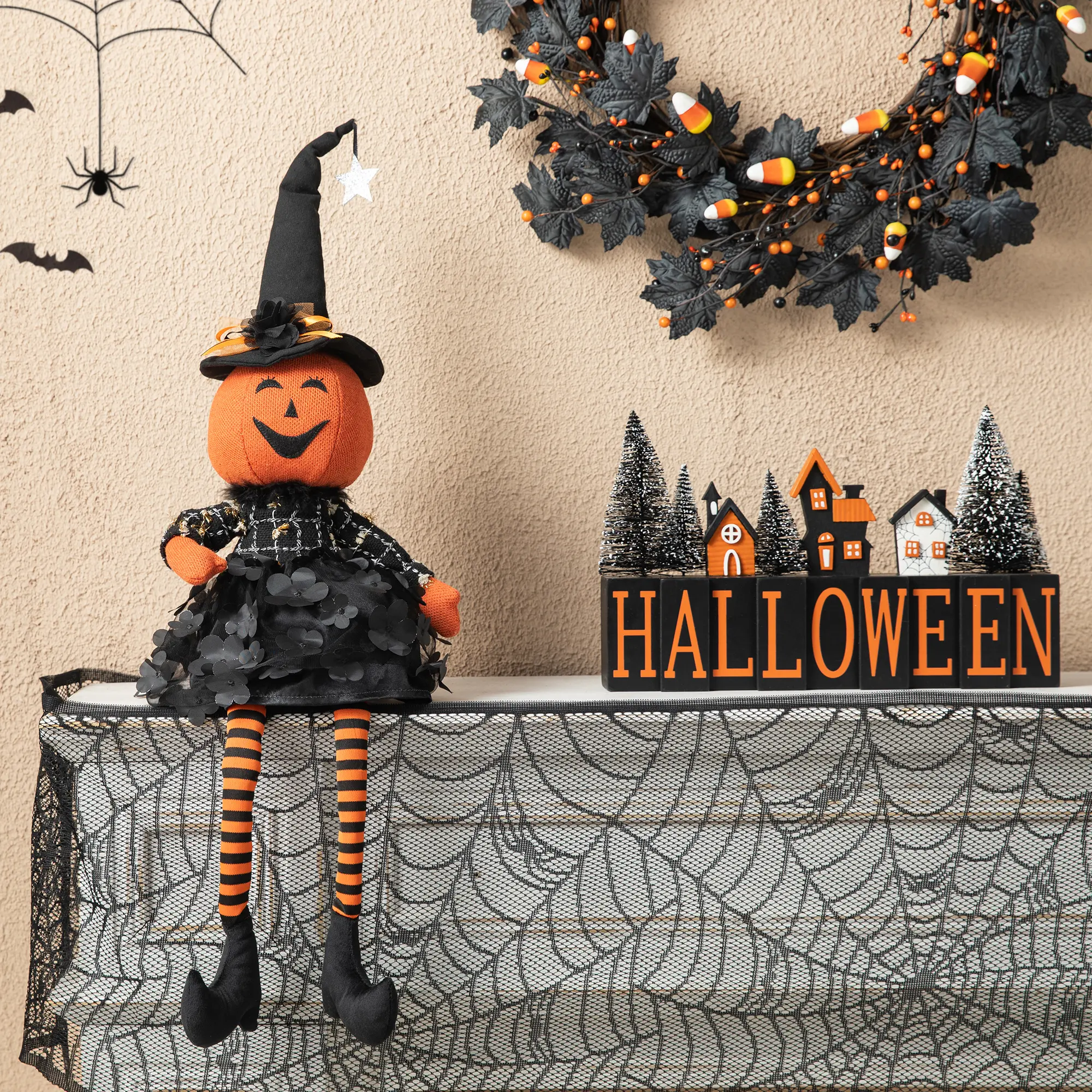 Glitzhome 30"H Fabric Dressed Halloween Pumpkin Sitter, Festive Home Decor, Table Centerpiece, Ideal Holiday Gift