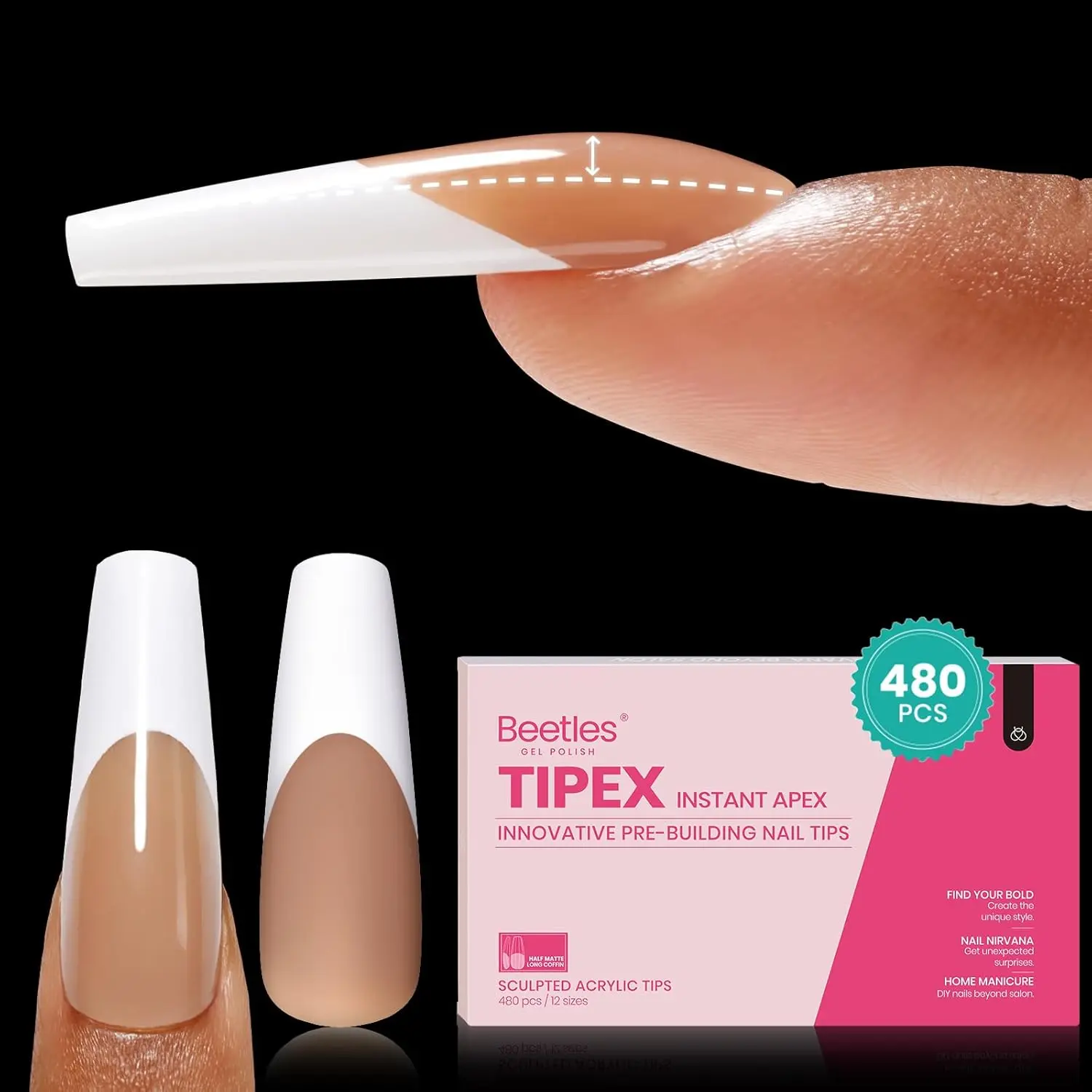 480PCS Long Coffin French Tip Press on Nails