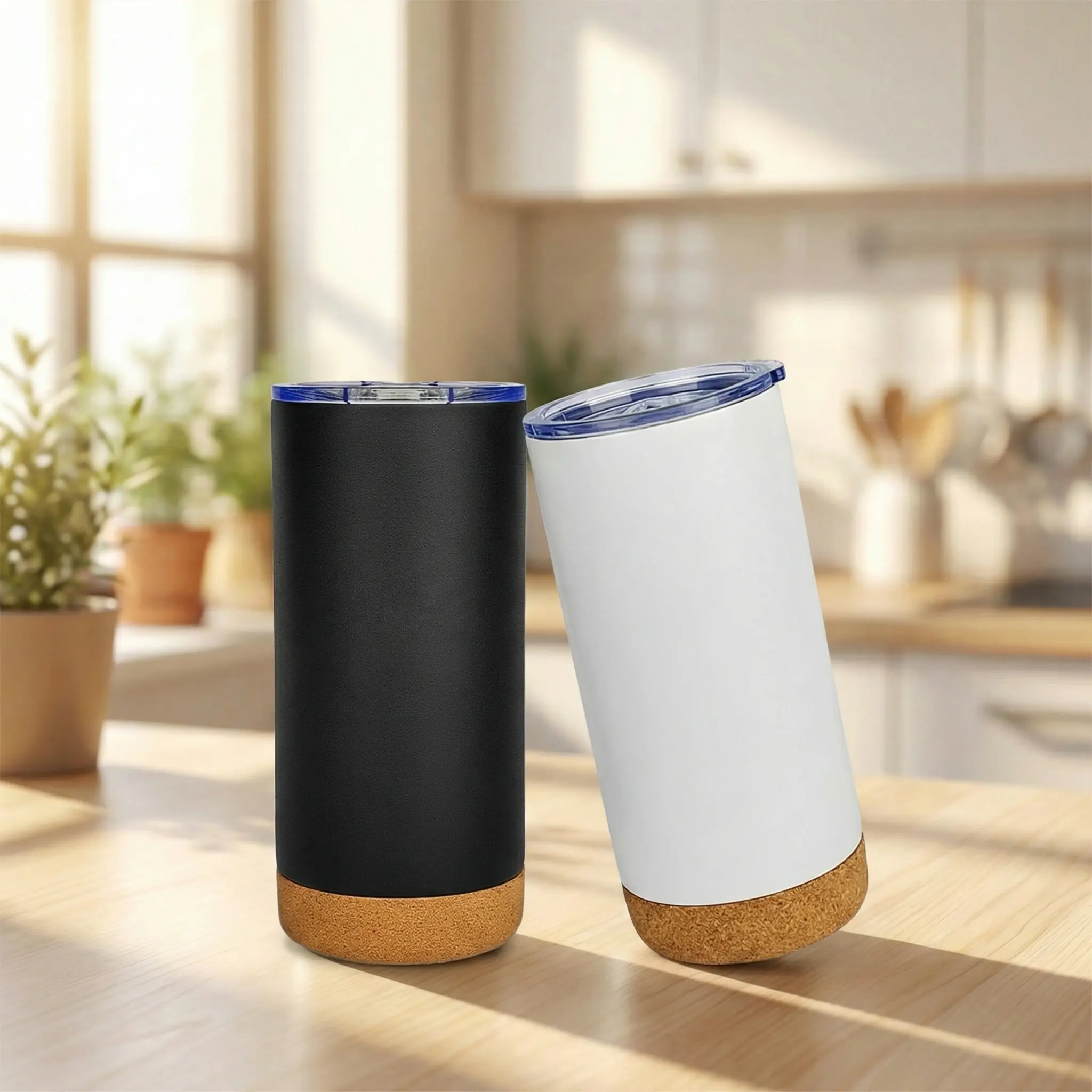 16oz Stainless Steel Glossy Vacuum Flask - Double-Wall Insulated Cork Bottom Travel Coffee Tumbler for Adults & Travelers, ABS-Equipped Kitchenware Drinkware That Ensures Stability & Ideal Temperature Control