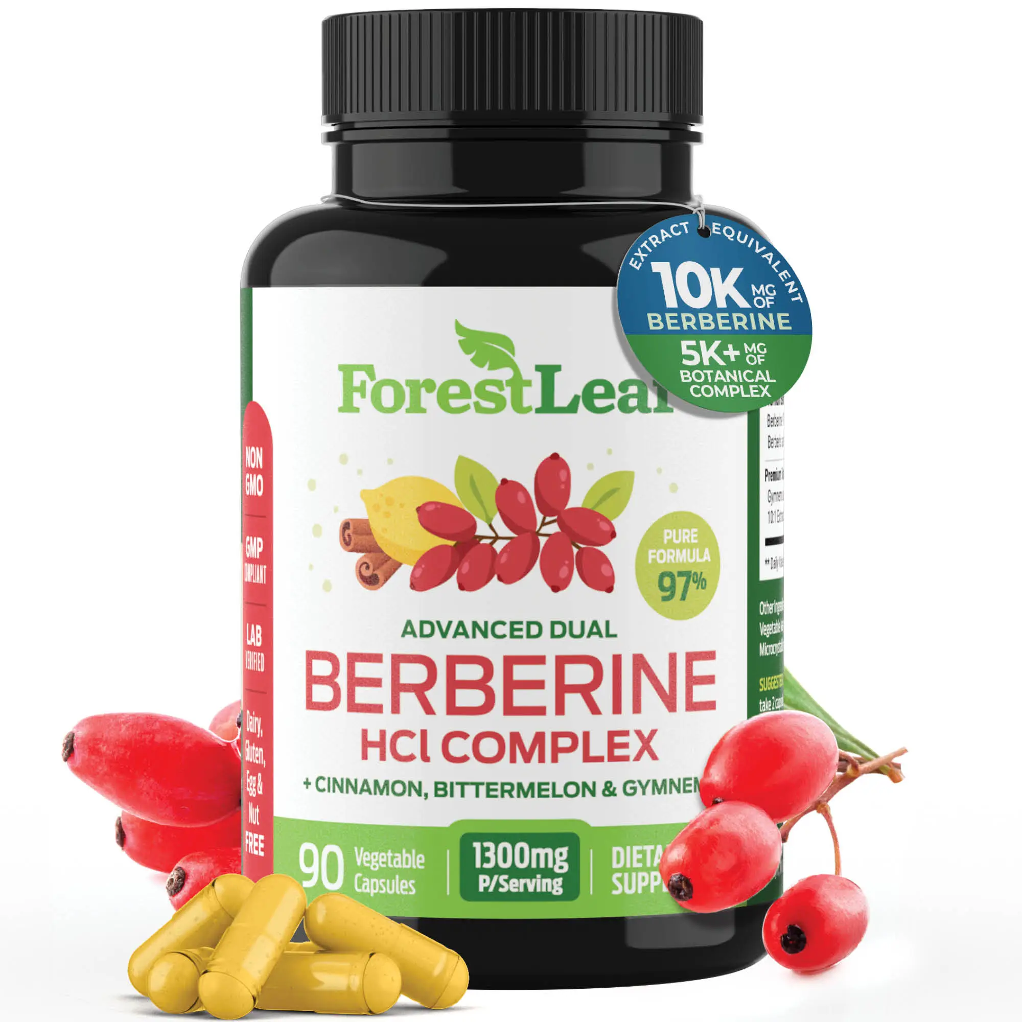 ForestLeaf Advanced Dual Berberine HCl 1300mg- 97% Tested Ultra Potency with Ceylon Cinnamon, Bitter Melon & Gymnema - 10:1 Extract Barberry-90 Count